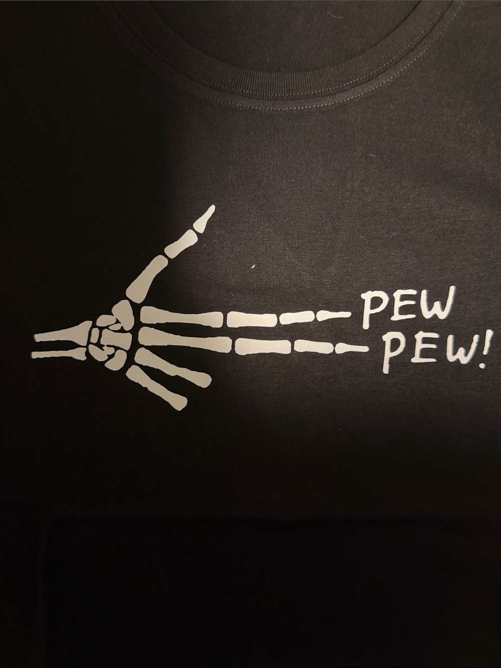Black 'Pew Pew' Skeleton Arm Graphic Crop Top